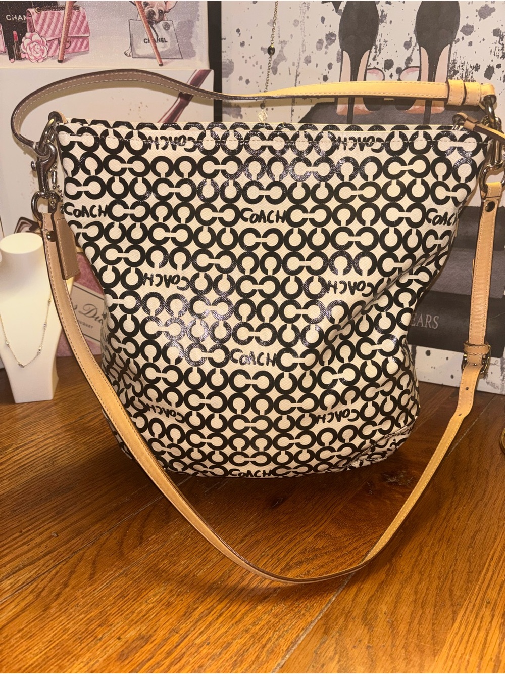 Coach Leah 13341 Op Art Convertible Hobo Shoulder Crossbody Bag Black Ivory